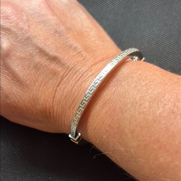 Greek Key Oval Hinged Bangle Bracelet Silver Plate - Picture 2 of 5